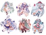  6+girls aiming_at_viewer animal ankle_cuffs apron aqua_kimono argyle argyle_pantyhose argyle_sleeves arm_up baguette basket bell black_socks blue_bow blue_bowtie blue_capelet blue_eyes blue_hair blue_hood blue_mittens blue_skirt blunt_bangs boots borrowed_design bow bowtie braid bread brown_footwear brown_kimono butter capelet checkered_clothes checkered_kimono cheese cheese_wheel chef_hat commentary cross-laced_footwear dot_mouth double_bun dress fake_horns fondue food food-themed_hair_ornament food_on_face foreshortening fork fork_hair_ornament frilled_apron frills full_body fur-trimmed_capelet fur_trim gradient_hair green_hair green_hood green_ribbon green_skirt hair_bow hair_bun hair_ornament hairclip hat hatsune_miku highres holding holding_basket holding_food holding_ice_cream holding_ladle holding_spoon holding_spring_onion holding_staff holding_tray holding_vegetable hood hood_up hoop_skirt horns ice_cream_cone ichimegasa ikura_(food) in_basket jacket japanese_clothes kappougi kimono kneehighs lace-up_boots ladle large_hat light_blue_hair long_hair melon_ball melting multicolored_hair multiple_girls multiple_persona neck_bell necktie nori_(seaweed) numbered obi onigiri open_mouth orange_capelet orange_hair orange_skirt orange_thighhighs outstretched_arm oversized_object pantyhose picnic_basket pom_pom_(clothes) puffy_sleeves quilted_clothes rabbit rabbit_yukine red_bow red_ribbon ribbon rice rice_(plant) rice_on_face sandals sandogasa sash scallop serving_dome shiro_(a923808254) skirt smile snowflake_ornament snowflake_print socks spoon spoon_hair_ornament spring_onion staff streaked_hair striped striped_skirt striped_sleeves striped_socks swiss_cheese thighhighs tray twintails vegetable vertical-striped_socks vertical_stripes very_long_hair vocaloid waffle_cone wavy_hair white_apron white_background white_bow white_dress white_headwear white_jacket white_pantyhose white_ribbon wide_sleeves yellow_capelet yuki_miku yuki_miku_(2024) 