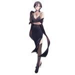  1girl asymmetrical_gloves asymmetrical_legwear black_dress black_gloves black_hair bramedb_(girls&#039;_frontline) breasts cleavage dress duoyuanjun elbow_gloves full_body girls&#039;_frontline gloves grin high_heels jewelry large_breasts medium_hair necklace official_art red_eyes simple_background single_elbow_glove single_thighhigh sleeveless smile solo spaghetti_strap spoilers thighhighs third-party_source transparent_background 