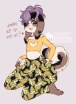  &lt;3 adult_(lore) anthro bedroom_eyes black_body black_fur brown_body brown_fur canid canine canis cleavage_cutout clothing crop_top curled_tail dialogue domestic_dog english_text floppy_ears fur girly grey_background hair half-closed_eyes heart_(marking) inviting leggings legwear male mammal moucchiato narrowed_eyes open_mouth open_smile pawpads paws pink_pawpads purple_hair seductive shirt simple_background smile solo tail text thick_thighs topwear white_body white_fur wide_hips 