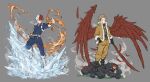  2boys absurdres belt black_gloves black_shirt blonde_hair blue_jumpsuit boku_no_hero_academia boots brown_footwear character_doll endeavor_(boku_no_hero_academia) falling_feathers feathered_wings fire full_body gloves grey_background hawks_(boku_no_hero_academia) heterochromia highres ice jacket jumpsuit multicolored_hair multiple_boys papajay_(jennygin2) red_hair red_wings scar scar_on_face shirt simple_background smile split-color_hair todoroki_shouto white_footwear white_gloves white_hair wings yellow_jacket 