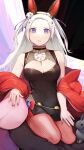  1girl absurdres adapted_costume animal_ears bare_shoulders breasts cape cleavage covered_navel edelgard_von_hresvelg fake_animal_ears fire_emblem fire_emblem:_three_houses fire_emblem_heroes fishnet_pantyhose fishnets flower hair_flower hair_ornament highres ikura_(downdexp) leotard long_hair looking_at_viewer medium_breasts pantyhose pillow purple_eyes rabbit rabbit_ears red_cape red_pantyhose signature sitting solo white_hair 