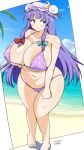 1girl areola_slip beach bikini blue_bow blue_sky blunt_bangs bow breasts closed_mouth cloud commentary crescent crescent_pin curvy dated full_body groin hair_bow hat highres huge_breasts large_areolae long_hair looking_at_viewer mob_cap navel outdoors palm_tree patchouli_knowledge plump purple_bikini purple_eyes purple_hair purple_headwear red_bow sidelocks signature sky solo standing sweat swimsuit touhou tree wedge_(tyrl_stride) 
