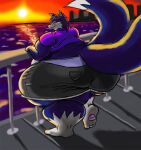  2006 2_tails against_railing against_surface anthro big_butt bottomwear butt canid canine city clothed clothing eyewear female fox glasses huge_butt huge_thighs hyper hyper_butt hyper_hips hyper_thighs kazecat looking_at_viewer looking_back mammal micky_(mickykitsune) morbidly_obese morbidly_obese_anthro morbidly_obese_female multi_tail obese obese_anthro obese_female overweight overweight_anthro overweight_female paws railing shirt shorts sunset t-shirt tail thick_calves thick_thighs topwear water wide_hips 