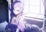  1girl absurdres bare_shoulders bed collarbone dress highres indoors long_hair looking_at_viewer on_bed pillow purple_dress purple_eyes purple_hair quinella smile solo sword_art_online sword_art_online:_alicization very_long_hair window yoru_kiri 