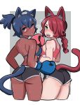  2girls amazu_(kurozu) animal_ears aoi_(amazu) bare_shoulders black_shorts blue_eyes blue_hair boxing_gloves braid breasts cat_ears cat_girl cat_tail commentary from_behind green_eyes grey_background heavy_breathing kemonomimi_mode looking_at_viewer looking_back mari_(amazu) medium_breasts multiple_girls open_mouth original parted_lips ponytail red_hair sharp_teeth short_shorts shorts single_braid sweat tail teeth two-tone_background white_background 
