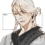  1boy blue_eyes border braid character_name closed_mouth dated final_fantasy final_fantasy_xvi grey_hair hair_between_eyes hiryuu_(kugelcruor) long_hair looking_at_viewer male_focus portrait shirt side_braid signature sleipnir_harbard solo swept_bangs white_background white_shirt 