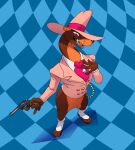 2023 absurd_res anthro bottomless brown_body brown_fur claws clothed clothing disney featureless_crotch fur geometric_background gun hat headgear headwear hi_res high-angle_view holding_object holding_weapon jewelry male mammal mustelid musteline necktie ranged_weapon reagan700 sharp_teeth simple_background smarty_weasel solo spats teeth toon_patrol true_musteline weapon weasel whiskers who_framed_roger_rabbit zoot_suit 