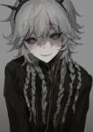  1boy absurdres black_sclera blush braid colored_sclera facing_viewer grey_background grey_hair greyscale hair_between_eyes heart heart-shaped_pupils highres identity_v ithaqua_(identity_v) ithaqua_(morningstar)_(identity_v) jiz_(pffbq) long_hair looking_at_viewer male_focus monochrome multiple_braids pale_skin shaded_face sketch smile solo symbol-shaped_pupils upper_body 