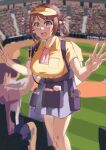  1girl alternate_costume backpack bag baseball_stadium belt blurry braid breasts brown_hair chougei_(kancolle) depth_of_field feet_out_of_frame grey_eyes grey_skirt hair_ornament hair_rings hairclip highres kantai_collection large_breasts long_hair mrdotd shirt skirt twin_braids utility_belt visor_cap yellow_shirt 