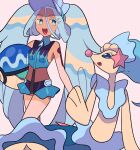  1girl :d ball beachball blue_eyes blue_hair bright_pupils colored_eyelashes commentary_request crossover eyelashes hatsune_miku highres long_hair open_mouth pokemon pokemon_(creature) primarina project_voltage smile swimsuit teeth tongue twintails tyako_089 upper_teeth_only vest visor_cap vocaloid white_background white_pupils zipper_pull_tab 