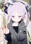  1girl absurdres ahoge airpods alternate_costume alternate_hairstyle black_hoodie black_mask black_sweater blue_archive blurry blurry_background bm_tol casual commentary covering_mouth demon_girl demon_horns depth_of_field forehead from_above hair_between_eyes highres hina_(blue_archive) hood hooded_sweater hoodie horns light_purple_hair long_hair long_sleeves looking_at_viewer looking_up mask mouth_mask multiple_horns outdoors parted_bangs purple_eyes removing_mask sidelocks solo surgical_mask sweater twintails upper_body v wavy_hair wireless_earphones 