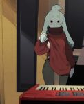  anthro blush clothing dark_eyes dodudoru female flashing flashing_breasts fur hi_res keyboard_instrument long_ears musical_instrument musical_keyboard red_clothing smile solo sweater topwear turtleneck white_body white_fur 