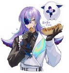  1boy aqua_eyes aqua_hair belt black_gloves black_shirt collar collared_shirt cracked_skin creature cropped_torso eating food gloves hair_between_eyes hakobune_noark highres holding holding_food holographic_clothing hoshirube_sho jacket lapels long_hair long_sleeves looking_at_another male_focus multicolored_hair nijisanji one-eyed purple_hair shirt sideways_glance simple_background single_sleeve solo streaked_hair takoyaki tentacle_hair upper_body virtual_youtuber white_background white_belt white_jacket 