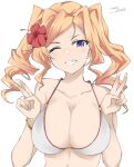  1girl artist_name bikini blonde_hair breasts cleavage dated double_v flower gakky grin hibiscus honolulu_(kancolle) kantai_collection large_breasts looking_at_viewer official_alternate_costume one-hour_drawing_challenge one_eye_closed purple_eyes simple_background smile solo swimsuit teeth twintails upper_body v white_background white_bikini 