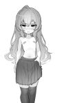  1girl aisaka_taiga bandaid bandaids_on_nipples blush feet_out_of_frame flat_chest greyscale hand_on_own_hip highres long_hair looking_at_viewer monochrome navel pasties pleated_skirt rodecchi simple_background skirt solo thighhighs topless toradora! zettai_ryouiki 