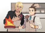  2boys ace_attorney antenna_hair apollo_justice apron aqua_necktie black_shirt blonde_hair blue_eyes bowl bracelet brown_eyes brown_hair cellphone closed_mouth collared_shirt cupboard dark-skinned_male dark_skin failure fire flambe forked_eyebrows frying_pan grey_apron hair_between_eyes hand_on_another&#039;s_shoulder holding holding_frying_pan holding_phone holding_spatula indoors jewelry kitchen klavier_gavin male_focus multiple_boys necktie nennen_(nene19515) open_collar open_mouth phone popped_collar shirt sleeves_rolled_up smartphone spatula sweat upper_body v-shaped_eyebrows 