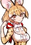  1girl animal_ears bow bowtie brown_eyes brown_hair cat_ears cat_girl extra_ears ise_(0425) kemono_friends large-spotted_genet_(kemono_friends) long_hair looking_at_viewer red_ribbon ribbon shirt simple_background skirt smile solo twintails white_bow white_bowtie 