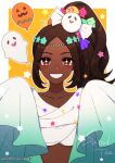  1girl :d balloon brown_hair candy_hair_ornament crop_top dark-skinned_female dark_skin dfhnokenbutu fire_emblem fire_emblem_engage fire_emblem_heroes food-themed_hair_ornament ghost_hair_ornament grin hair_ornament halloween halloween_costume high_ponytail highres long_hair long_sleeves looking_at_viewer official_alternate_costume open_mouth sleeves_past_fingers sleeves_past_wrists smile star-shaped_pupils star_(symbol) symbol-shaped_pupils teeth timerra_(fire_emblem) timerra_(halloween)_(fire_emblem) twitter_username upper_body wide_sleeves 