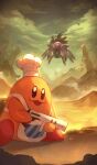  :3 absurdres apron chef_hat chef_kawasaki dark_matter_blade floating glowing glowing_eye gun hat highres holding holding_gun holding_weapon kirby_(series) levitation no_humans outdoors shiburingaru weapon 