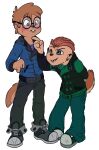  alvin_and_the_chipmunks alvin_and_the_chipmunks_meet_the_wolfman ambiguous_gender animal_humanoid blue_eyes blush bodily_fluids bottomwear brother_(lore) brown_hair buckteeth chipmunk_humanoid clothed clothing denim denim_clothing duo ear_piercing eyewear footwear fur glasses green_eyes ground_squirrel_humanoid hair hi_res humanoid incest_(lore) jacket jeans kisashika mammal mammal_humanoid pants piercing rodent rodent_humanoid round_glasses sciurid sciurid_humanoid shirt shoes sibling_(lore) simon_seville smile sneakers sweat tail tan_body tan_fur teeth theodore_seville topwear underbite 