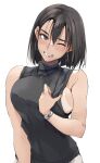  1girl ;p bare_shoulders bikini_tan black_hair breasts brown_eyes clothes_pull commentary_request earrings highres hoop_earrings jewelry large_breasts looking_at_viewer necklace one_eye_closed original pulled_by_self short_hair sideboob sleeveless sleeveless_sweater solo sweater sweater_pull tan tanlines teasing tongue tongue_out turtleneck turtleneck_sweater upper_body watch white_background wristwatch zekkyon 