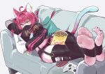  1girl ahoge animal_ears aqua_hair arm_up between_thighs black_mask black_thighhighs blush breasts cat_ears cat_tail chips_(food) commission couch cropped_shirt crossed_legs ear_piercing feet food foot_focus foreshortening full_body gradient_hair grey_background hair_between_eyes highres holding indoors joy-con large_breasts legs long_hair long_sleeves mask midriff mouth_mask multicolored_hair navel omkuros on_couch original piercing pink_hair potato_chips shadow simple_background sleeves_past_wrists soles solo stirrup_legwear surgical_mask tail thick_thighs thighhighs thighs toeless_legwear torn_clothes torn_thighhighs 