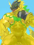  abs anthro armor bandai_namco biceps bulkmon clothing digimon digimon_(species) featureless_crotch fingerless_gloves gloves handwear headgear helmet male muscular muscular_anthro muscular_male navel nipples pecs salz_sop sharp_teeth solo teeth tongue tongue_out yellow_body 