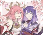  2girls :d ? animal_ears armor bare_shoulders border breasts bridal_gauntlets bug butterfly cherry_blossoms cleavage detached_sleeves dress earrings floppy_ears flower fox_ears genshin_impact hair_ornament heart highres japanese_clothes jewelry kimono looking_at_viewer mole mole_under_eye multiple_girls nail_polish necklace nontraditional_miko obi obiage obijime off_shoulder one_eye_closed open_mouth parted_lips pink_background pink_flower pink_hair purple_dress purple_eyes purple_flower purple_hair purple_kimono purple_nails raiden_shogun reaching reaching_towards_viewer sash selfie shockwhite3 shoulder_armor shrug_(clothing) sidelocks sleeveless sleeveless_dress smile speech_bubble spoken_heart spoken_question_mark teeth turtleneck twitter_username upper_body upper_teeth_only white_border wide_sleeves yae_miko 