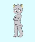  2021 5_toes anthro balls blue_background blush bodily_fluids covering covering_self crossed_arms embarrassed fangs feet fur genitals grey_body grey_fur hajime_tanaka_(odd_taxi) half-closed_eyes hi_res looking_at_viewer male narrowed_eyes navel nekotanyanneko nude_male odd_taxi simple_background solo sweat tail teeth toes 