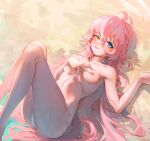  1girl absurdres ahoge bare_arms blue_archive blue_eyes breasts furioso halo heterochromia highres hoshino_(blue_archive) long_hair looking_at_viewer lying nipples on_back open_mouth pink_hair small_breasts solo topless yellow_eyes 