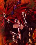  1boy aluber_the_jester_of_despia biting black_nails bleeding blood check_commentary commentary commentary_request detached_horns duel_monster ear_piercing eye_trail finger_biting forehead_jewel highres light_trail male_focus okirune_(yappa_neruwa) piercing red_eyes red_hair red_theme short_hair solo upper_body yu-gi-oh! yu-gi-oh!_master_duel 