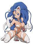  1girl animal_ears animal_hands bare_shoulders blue_eyes blue_hair breasts bright_pupils cat_ears cat_girl cat_tail claws cleavage closed_mouth felicia_(vampire) full_body highres large_breasts light_blush long_hair looking_at_viewer navel red_claws simple_background sincostan0148 smile solo tail vampire_(game) very_long_hair white_background white_fur white_pupils 