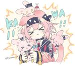  &gt;_&lt; 1girl animal_ears arknights black_hairband braid cat_ears cat_girl cat_tail coat floppy_ears goldenglow_(arknights) hairband highres holding holding_stuffed_toy jacket lightning_bolt_print long_hair multicolored_clothes multicolored_jacket naguru_(cyoroama) pink_coat pink_hair pink_jacket print_hairband romaji_text scottish_fold solo stuffed_animal stuffed_rabbit stuffed_toy tail tears twitter_username two-tone_jacket x&lt; 