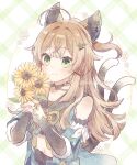  1girl :3 ahoge animal_ears breasts brown_hair cat_ears commentary_request detached_sleeves flower genshin_impact green_eyes hair_between_eyes hair_ornament hairclip kirara_(genshin_impact) navel portrait simple_background small_breasts smile solo sunflower twitter_username wanmofu 