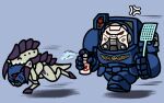  1boy adeptus_astartes anger_vein angry blue_background bug bug_spray chasing chibi cockroach commentary flyswatter holding jazz_jack power_armor severed_head shadow speed_lines tearing_up tyranid ultramarines warhammer_40k 