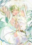  1boy bpcc gem green_eyes green_gemstone green_hair highres idol long_sleeves looking_at_viewer male_focus nu_carnival olivine_(nu_carnival) open_mouth see-through see-through_sleeves short_hair shorts smile tassel white_headwear white_shorts 