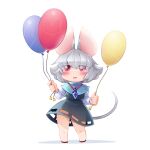  1girl animal_ears balloon bbb_(33kudo) blue_capelet blush capelet commentary_request crystal eyes_visible_through_hair flat_chest full_body grey_hair grey_skirt grey_vest hair_between_eyes highres holding holding_balloon jewelry long_sleeves looking_at_viewer medium_bangs mouse_ears mouse_girl mouse_tail nazrin no_panties open_mouth pendant red_eyes shirt short_hair simple_background skirt solo standing tail touhou vest white_background white_shirt 