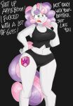  absurd_res angry anthro big_breasts boy_shorts breasts clothing cutie_mark dialogue english_text equid equine female flutterthrash friendship_is_magic hand_on_hip hasbro hi_res horn mammal midriff my_little_pony solo sweetie_belle_(mlp) text topwear underwear unicorn 