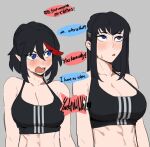  2girls alternate_costume bare_shoulders black_hair blue_eyes blush breasts cleavage commentary crop_top english_text grey_background hair_between_eyes hong_doo kill_la_kill kiryuuin_satsuki large_breasts long_hair looking_up matoi_ryuuko multiple_girls pointy_ears red_hair short_hair siblings sideways_glance simple_background sisters speech_bubble sweatdrop symbol-only_commentary upper_body 