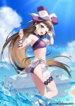  1girl ;d anne_(wixoss) ass bare_shoulders bikini blue_sky bow brown_hair cloud day detached_sleeves green_eyes hair_bow hands_up horizon long_hair ocean official_art one_eye_closed outdoors puffy_short_sleeves puffy_sleeves purple_bikini sarong see-through see-through_sleeves short_sleeves sky smile solo splashing swimsuit very_long_hair water wixoss yamabukiiro 