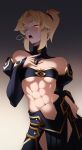  1girl abs alternate_color armor bandeau bare_shoulders blonde_hair blush breasts dark_persona fate/apocrypha fate/grand_order fate_(series) hair_ornament hair_scrunchie highres looking_at_viewer midriff mordred_(fate) mordred_(fate/apocrypha) navel one_eye_closed open_mouth ponytail scrunchie sidelocks small_breasts solo speech_bubble toned yellow_eyes zealyush 