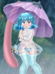  1girl bikini blue_bikini blue_eyes blue_hair blue_thighhighs blush bracelet embarrassed feet_out_of_frame heterochromia highres holding holding_umbrella jewelry nose_blush open_mouth rain red_eyes see-through short_hair side-tie_bikini_bottom solo string_bikini striped striped_bikini swimsuit tatara_kogasa thighhighs touhou transparent transparent_raincoat transparent_umbrella umbrella winn 