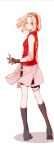  1girl baihua_er bike_shorts black_gloves forehead_protector from_behind full_body gloves green_eyes haruno_sakura highres holding holding_syringe looking_back naruto naruto_(series) parted_bangs pink_hair pink_skirt red_shirt shirt short_hair shorts shorts_under_skirt skirt sleeveless sleeveless_shirt smile solo standing syringe toeless_footwear white_background 