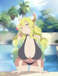  1girl bare_shoulders bikini black_bikini blonde_hair blue_hair blue_sky blurry blurry_background blush breasts cloud cowboy_shot day dragon_horns gradient_hair green_hair hair_between_eyes hanging_breasts highres horns huge_breasts kobayashi-san_chi_no_maidragon leaning_forward long_hair looking_at_viewer lucoa_(maidragon) multicolored_eyes multicolored_hair navel one_eye_closed outdoors palm_tree parted_lips partially_submerged pool r3dfive sky solo swimsuit tree water wet yellow_eyes 