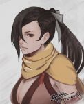  1girl artist_name black_hair breasts brown_eyes cleavage cm_lynarc fire_emblem fire_emblem_fates fire_emblem_heroes hair_over_one_eye hair_ribbon highres kagero_(fire_emblem) large_breasts lips looking_at_viewer pink_ribbon ponytail ribbon scarf solo upper_body white_background yellow_scarf 