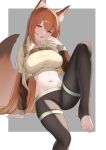  1girl absurdres animal_ear_fluff animal_ears arknights arm_support black_pantyhose border breasts brown_eyes brown_hair cropped_jacket cropped_shirt fang feet foot_out_of_frame fox_ears fox_girl fox_tail franka_(arknights) franka_(rainforest_me_rainbow)_(arknights) grey_background hair_between_eyes hand_up highres invisible_chair jacket knee_up lahz52 large_breasts layered_sleeves leaning_back legs long_hair looking_at_viewer midriff navel no_shoes official_alternate_costume open_clothes open_jacket open_mouth outside_border pantyhose shirt simple_background sitting skin_fang solo stirrup_legwear tail toeless_legwear toes very_long_hair white_border yellow_jacket yellow_shirt 