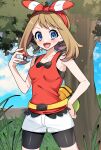  1girl :d bike_shorts bike_shorts_under_shorts blue_eyes blush bow_hairband breasts cloud collarbone commentary cowboy_shot day eyelashes fanny_pack grass hairband hand_on_own_hip highres holding holding_poke_ball looking_at_viewer may_(pokemon) open_mouth outdoors poke_ball poke_ball_(basic) pokemon pokemon_(game) pokemon_oras red_hairband red_shirt shirt short_shorts shorts sky sleeveless sleeveless_shirt smile solo tongue tree white_shorts yellow_bag yuihico 