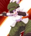  anthro belt belt_buckle big_breasts black_hair black_nose bottomwear breasts brown_clothing brown_gloves brown_handwear cheek_tuft clothed clothing daifuku_(mofumofu_sensen) facial_tuft female fist fur gloves green_clothing green_hat green_headwear hair hair_over_eye handwear hat headgear headwear hi_res holding_object holding_sword holding_weapon lagomorph leporid mammal melee_weapon mofumofu_sensen neck_tuft one_eye_obstructed open_mouth rabbit red_eyes solo sword tsubasa tuft weapon white_body white_fur 