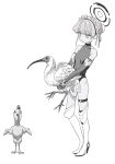  1girl animal bare_shoulders bird blue_archive boots braid breasts bun_cover chicken choker commentary covered_collarbone crested_ibis elbow_gloves fingerless_gloves french_braid full_body gloves gomibako_(gomibako_price) greyscale hair_bun hair_ribbon halo heel_up high_heel_boots high_heels highres holding holding_animal holding_bird knee_boots leotard looking_at_animal maid_headdress monochrome name_connection peroro_(blue_archive) pun ribbon short_hair simple_background single_hair_bun small_breasts solo standing thigh_strap toki_(blue_archive) v_arms 