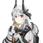  1girl :t arknights bad_hands black_gloves burger chewing commentary demon_girl demon_horns earrings food food_on_face gloves hair_ornament holding holding_food hood horns jewelry jumpsuit kyushi_(user_41158199) long_hair mudrock_(arknights) pointy_ears red_eyes solo upper_body white_hair white_jumpsuit wrapper 